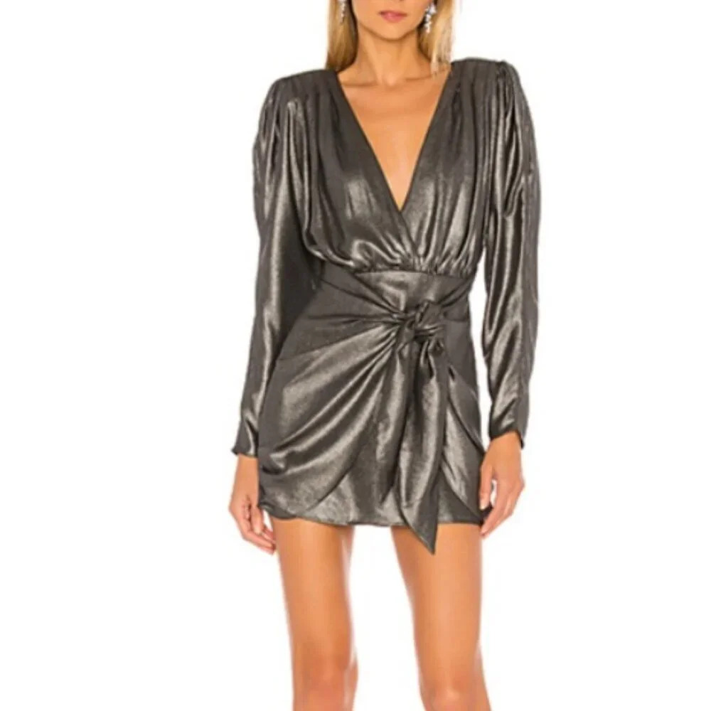 L'Academie The Dore Silver Front Tie Long Sleeve Mini Dress size small